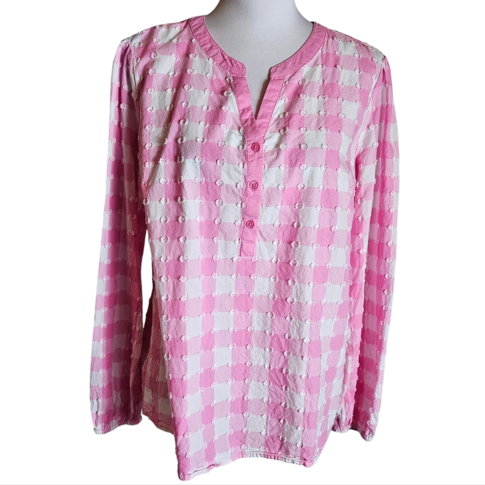 Kim Rogers Pink White Gingham Dot Print Blouse Size PL PETITE LARGE Popover Top